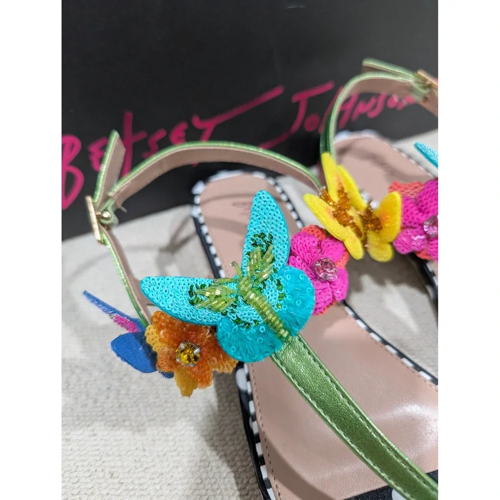 Betsey Johnson Halie Butterfly Floral Polka Dot Sandals Black Multi Size 7 NIB